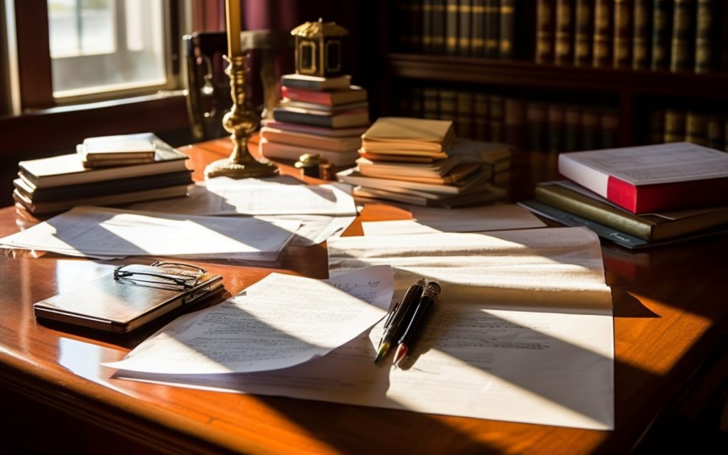 A table covered with legal documents