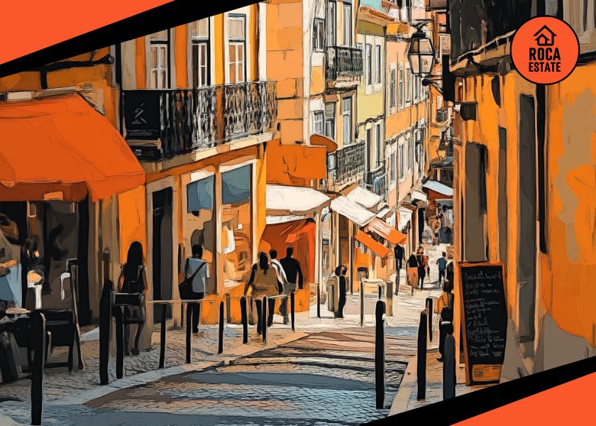 Lively commercial street scene in a Portuguese city with pedestrians walking past cafés, storefronts, and local businesses, capturing the vibrancy of Portuguese commercial real estate.