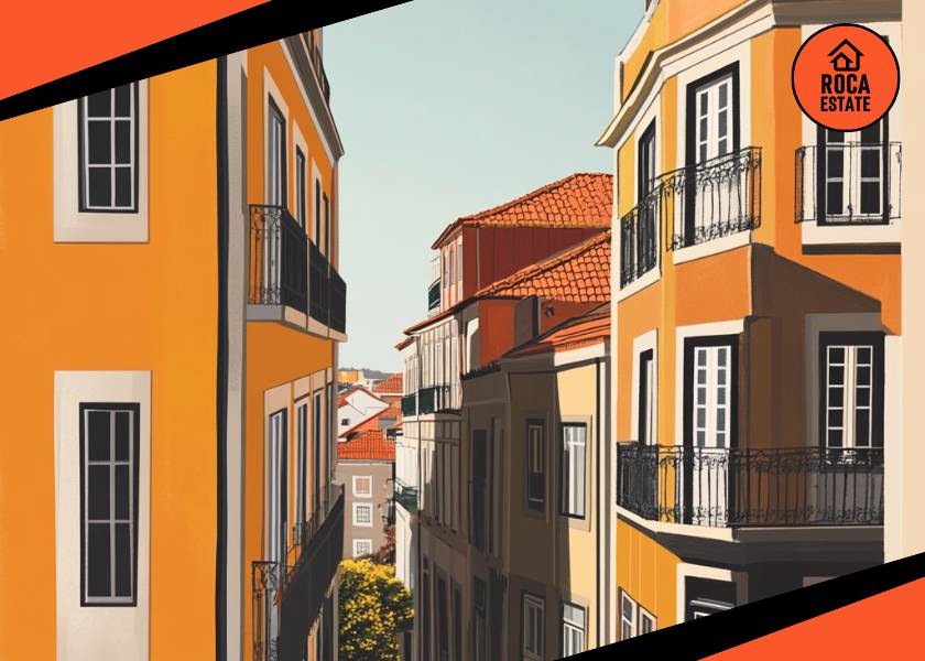 Contrasting residential buildings in the Portuguese housing market, showing modern luxury apartments beside traditional houses, illustrating regional disparities and valuation gaps in housing.
