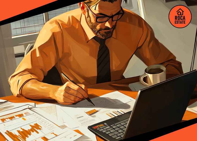 Real estate investor analyzing charts and financial data in an office, representing commercial real estate investment in Portugal.