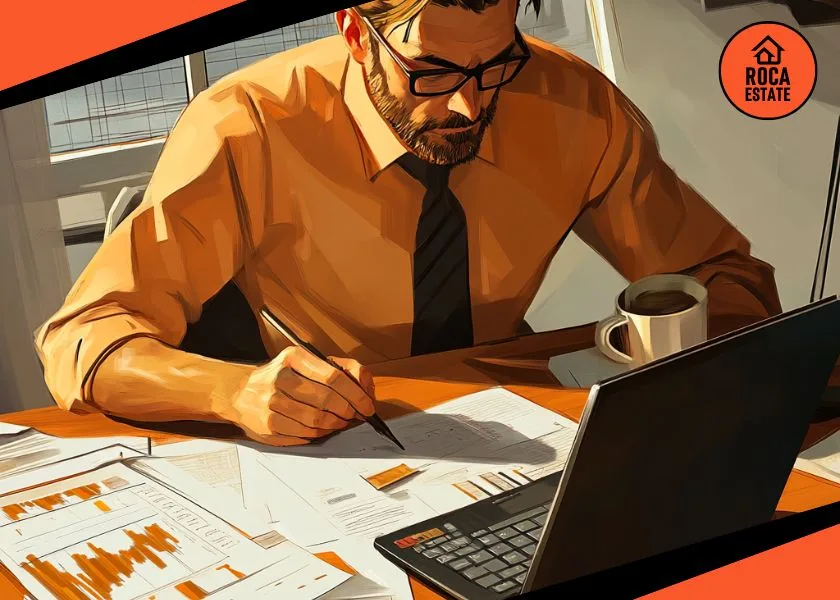 Real estate investor analyzing charts and financial data in an office, representing commercial real estate investment in Portugal.