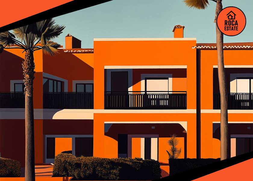 Hotel facade in the Algarve at sunset, showcasing Portuguese commercial real estate in a prime tourism location with warm, inviting architecture ideal for investment appeal.