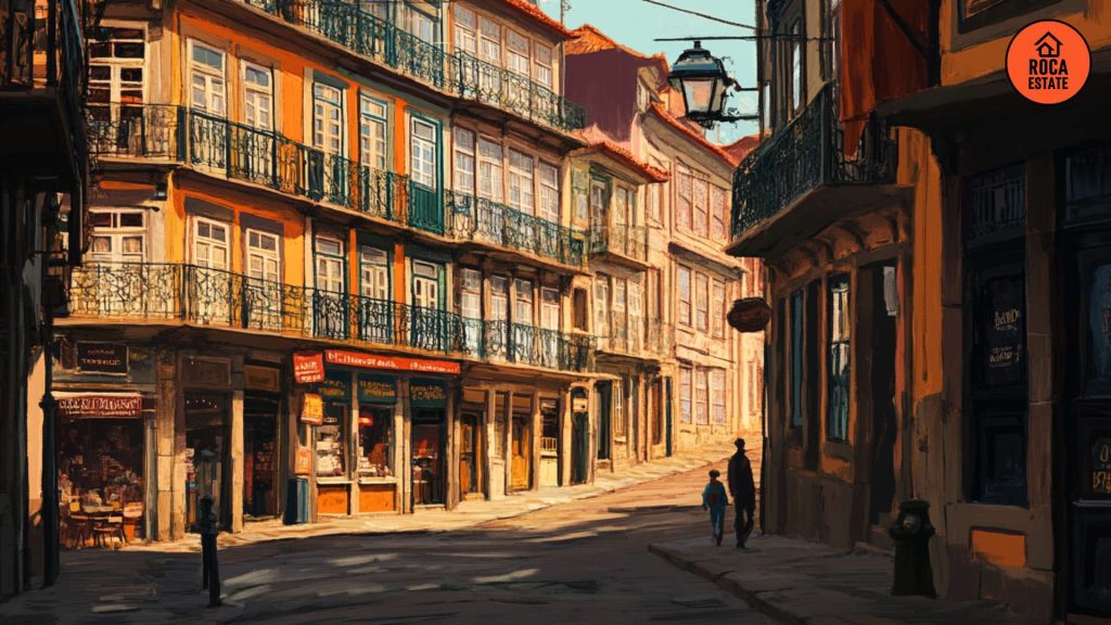 Historic street in Porto with renovated commercial properties, representing urban regeneration and investment opportunities in commercial real estate in Portugal.
