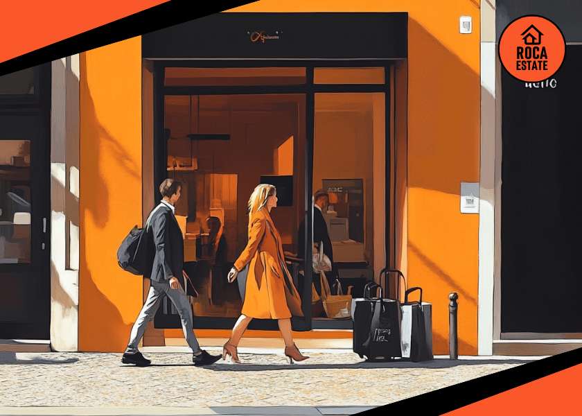 Upscale boutique storefront with passersby in Portugal, reflecting the vitality of the Portugal retail real estate market and high consumer engagement with premium retail spaces.