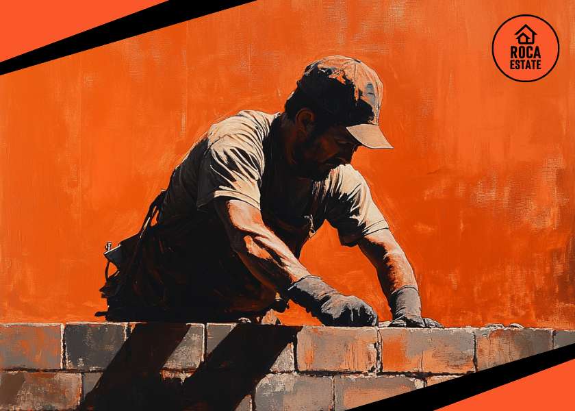 Bricklayer laying masonry on a sunlit urban construction site in Lisbon, highlighting rising construction costs in Portuguese real estate through skilled manual labor and residential development in progress.