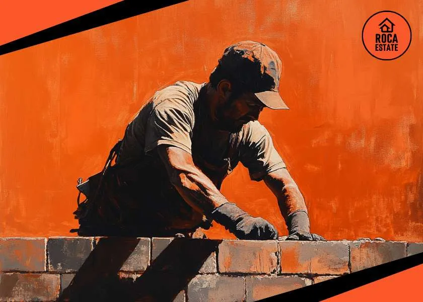 Bricklayer laying masonry on a sunlit urban construction site in Lisbon, highlighting rising construction costs in Portuguese real estate through skilled manual labor and residential development in progress.
