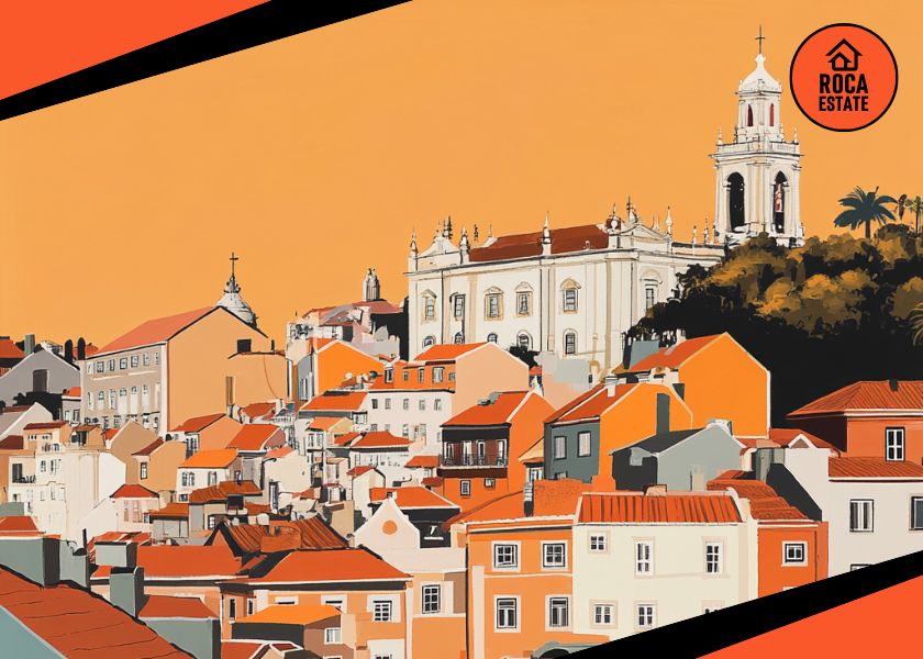 Skyline view of a Portuguese city featuring clusters of commercial properties including office buildings, retail centers, and logistics hubs, representing growth in the Portuguese commercial real estate market.
