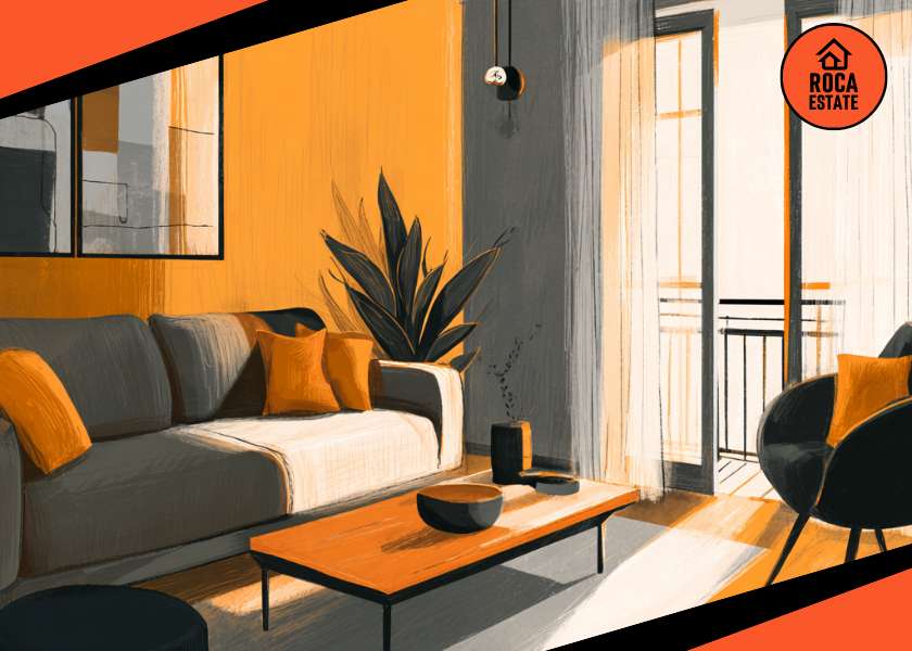 Interior of a stylish but modest urban apartment, typical of properties in the Portuguese rental market, featuring natural light, modern furniture, and a clean, livable layout.