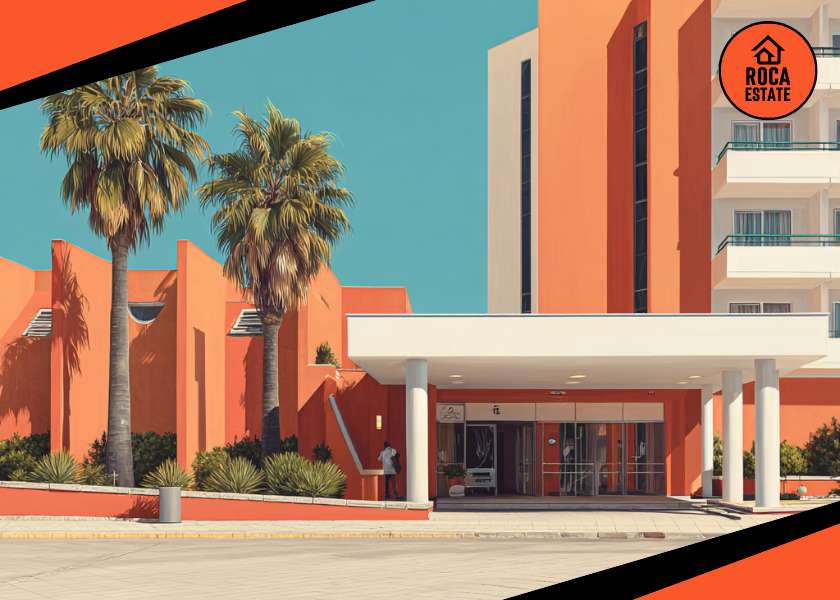 Modern hotel entrance in the Algarve region with guests arriving, representing growth in the Portuguese commercial real estate market.