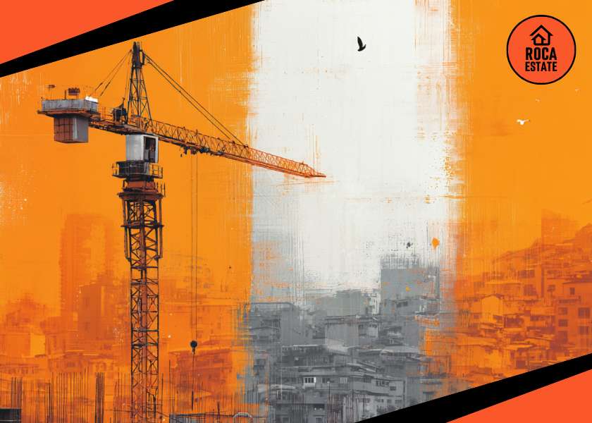 Urban construction site with crane in Lisbon showing commercial buildings under development, highlighting trends in commercial real estate investment in Portugal.