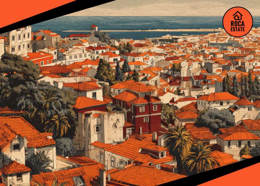 Aerial view of Cascais' historic center with dense urban housing, red-tiled roofs, and coastal backdrop, illustrating prime investment areas in the Portugal real estate market.