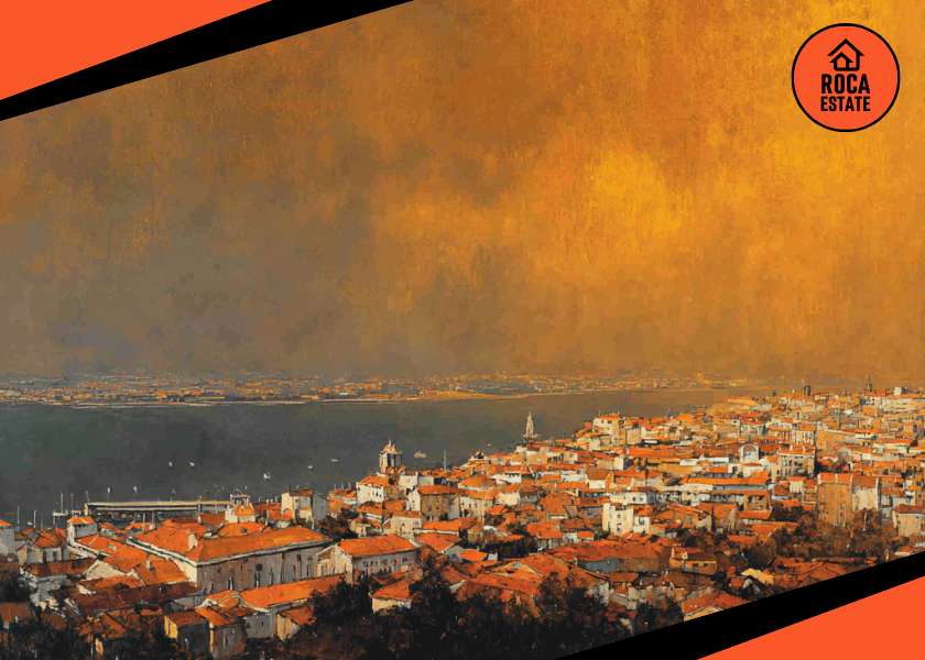 Panoramic coastal cityscape of the Setúbal Peninsula, showcasing modern development along the shoreline, reflecting growth in the Portugal commercial real estate market.