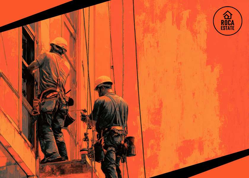 Close-up of skilled workers installing glass façades on a modern commercial real estate project in Portugal, highlighting labour activity amid rising construction costs.