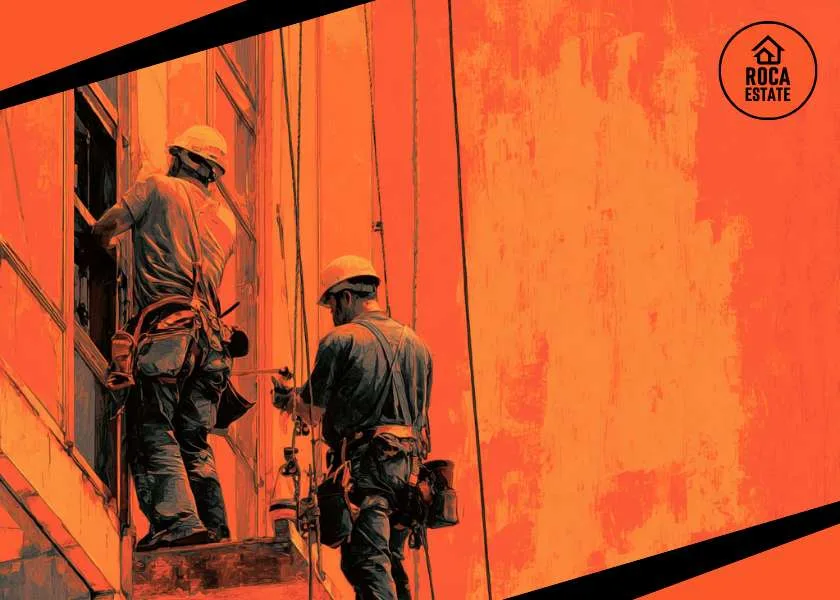 Close-up of skilled workers installing glass façades on a modern commercial real estate project in Portugal, highlighting labour activity amid rising construction costs.
