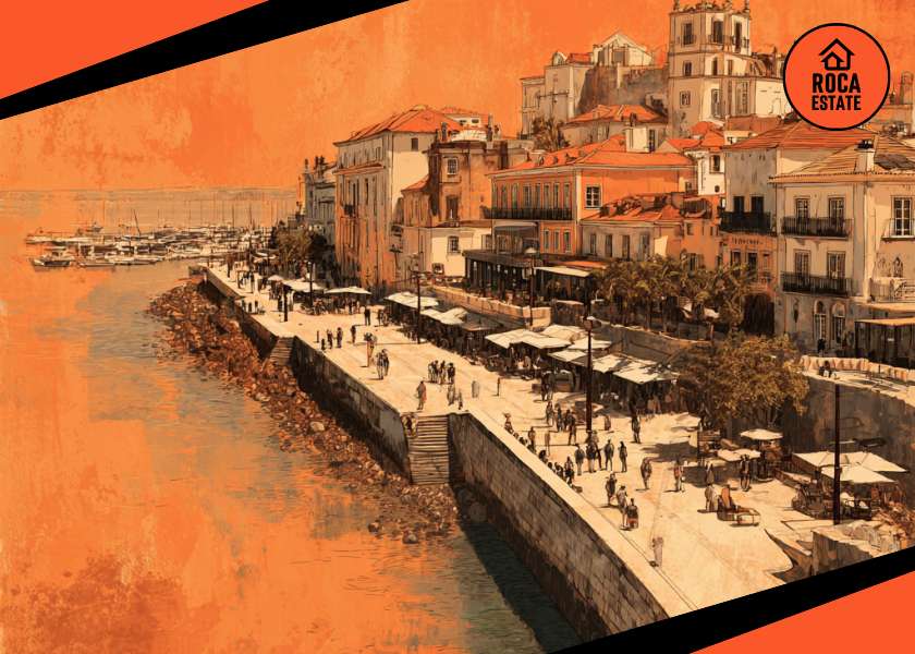 Portuguese coastal cityscape in the Algarve with hotels and shops along the waterfront, illustrating tourism-driven real estate investment opportunities.