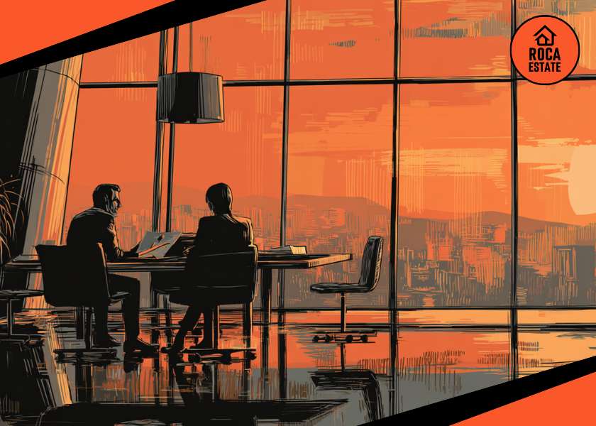 Interactive brokers analyzing financial reports in a modern Lisbon office with Portugal cityscape in the background.