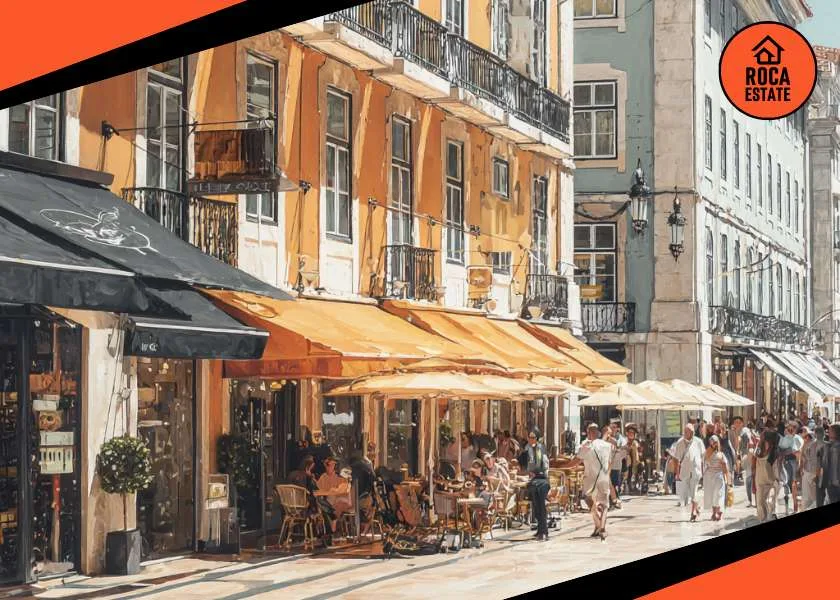 Bustling Lisbon shopping street with pedestrians, storefronts, and cafés, reflecting consumer activity in the Portugal retail real estate market.