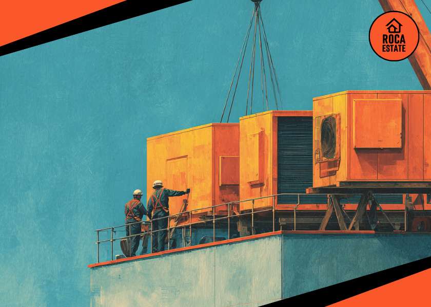 Technicians installing HVAC units on a rooftop of a modern building in Portuguese commercial real estate, highlighting rising construction costs and labor impact on real estate investment projects.