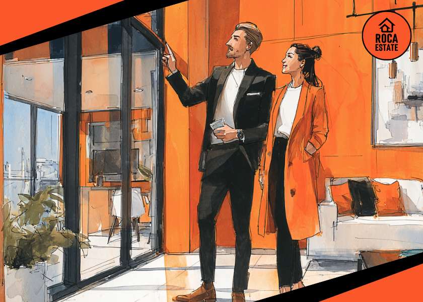 Real estate agent showing a modern property to a client in natural daylight, illustrating Portugal housing market trends 2025 and real estate investment opportunities in a residential setting.