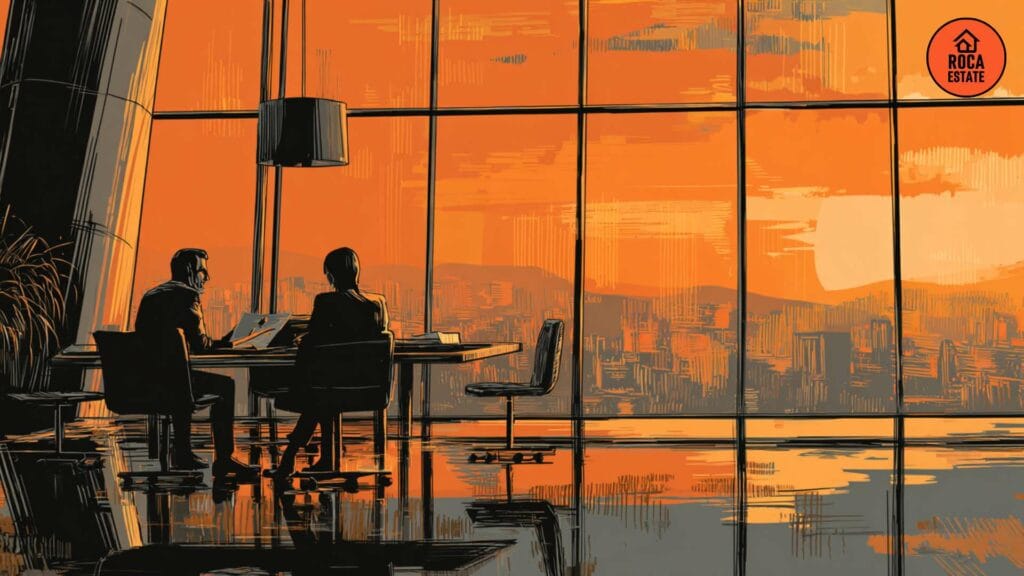 Interactive brokers analyzing financial reports in a modern Lisbon office with Portugal cityscape in the background.