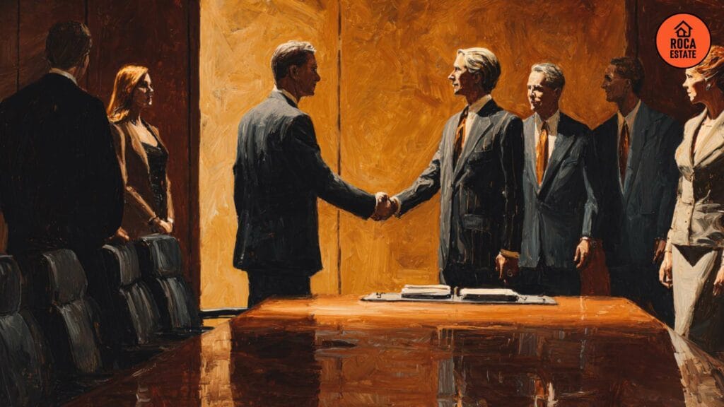 Two interactive brokers finalizing a commercial real estate deal with a handshake in a corporate boardroom.