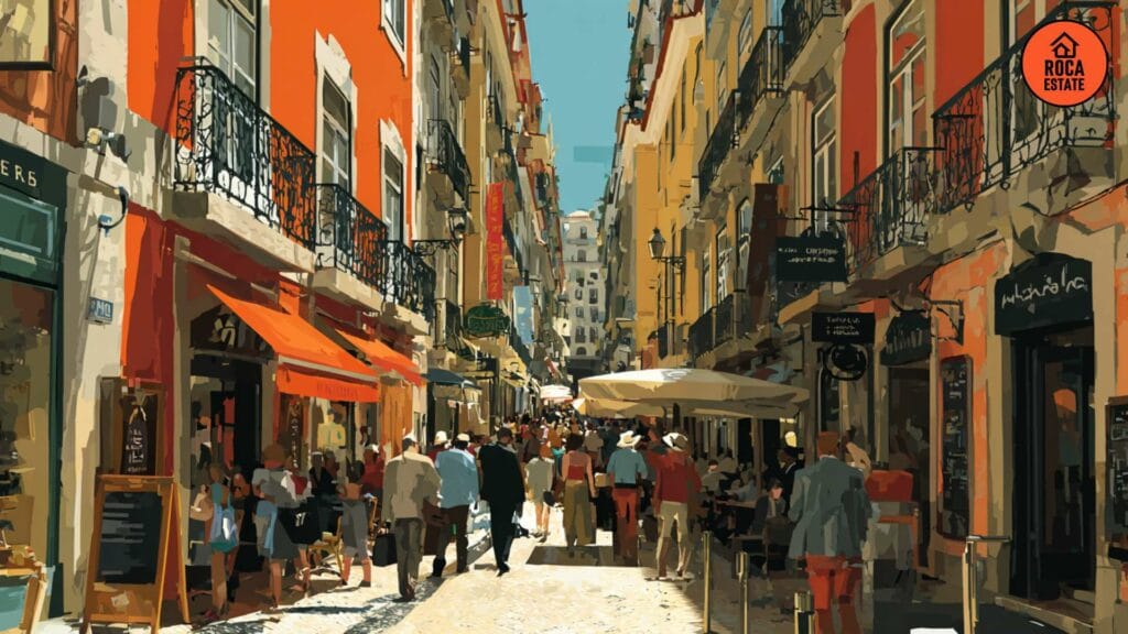 Busy shopping street in Lisbon showcasing Portugal commercial real estate opportunities with strong retail demand.