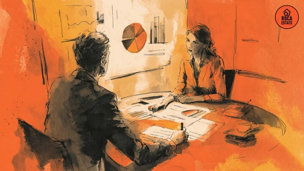 Real estate investment company advisor presenting a property portfolio strategy to an international investor in Portugal.