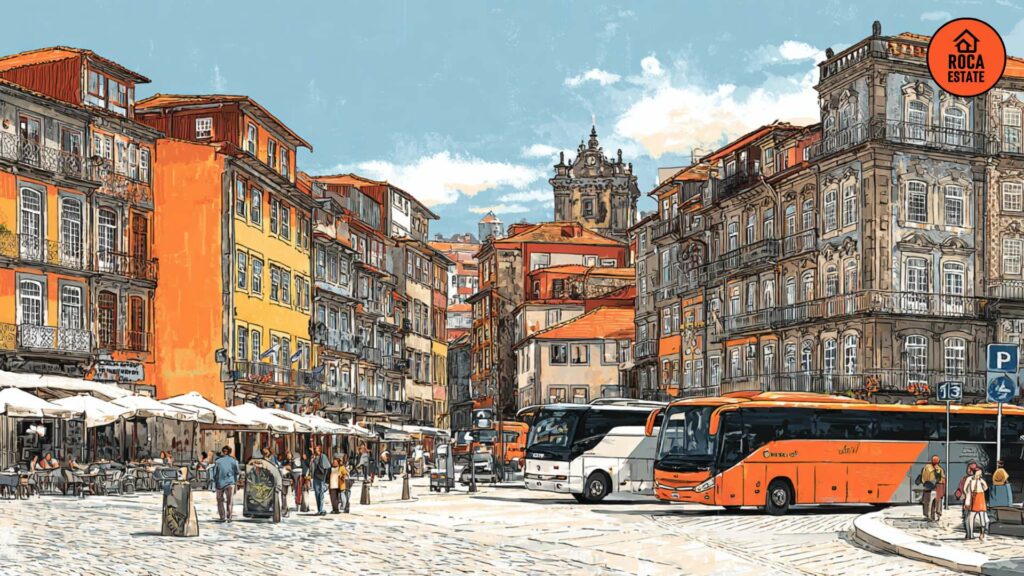 Crowded city square in Porto with tourists and buses, highlighting urban demand for hospitality investment Portugal in cultural tourism zones.