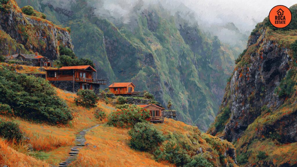Volcanic hills with eco-lodges in the Azores, reflecting nature-focused tourism real estate Portugal in emerging regional destinations.