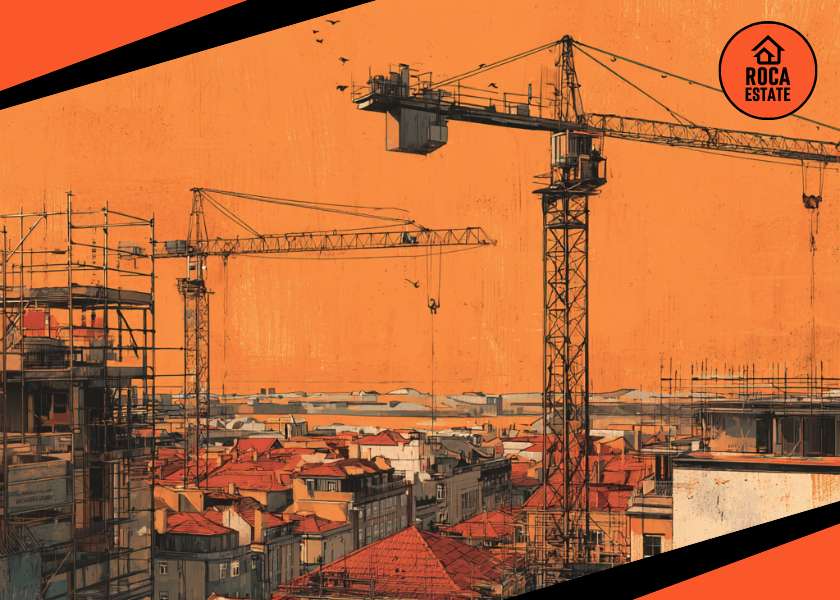 Modern construction site in Lisbon showing cranes and new buildings under development, representing current Portugal construction market trends and ongoing real estate investment activity.