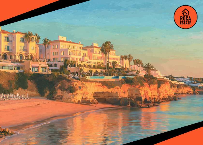 Aerial view of Algarve coastline with beachfront hotels and villas, illustrating Portugal real estate investment 2025 opportunities in tourism and hospitality properties.