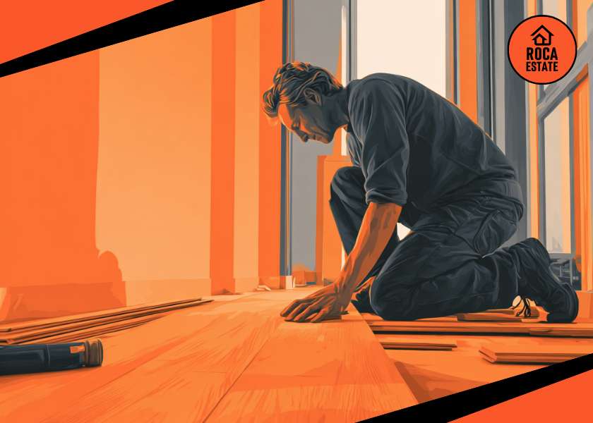 Flooring specialist installing wood panels in a new apartment, illustrating Portugal real estate construction cost trends driven by skilled labor and interior finishing work.