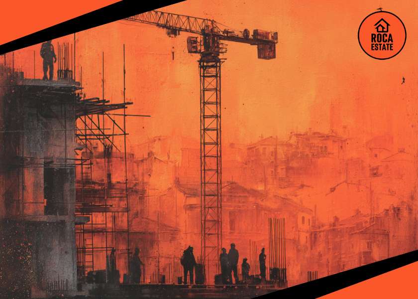 Construction site in a Portuguese city with workers and a tower crane, illustrating development activity and rising labour costs relevant to Portugal commercial real estate investment.