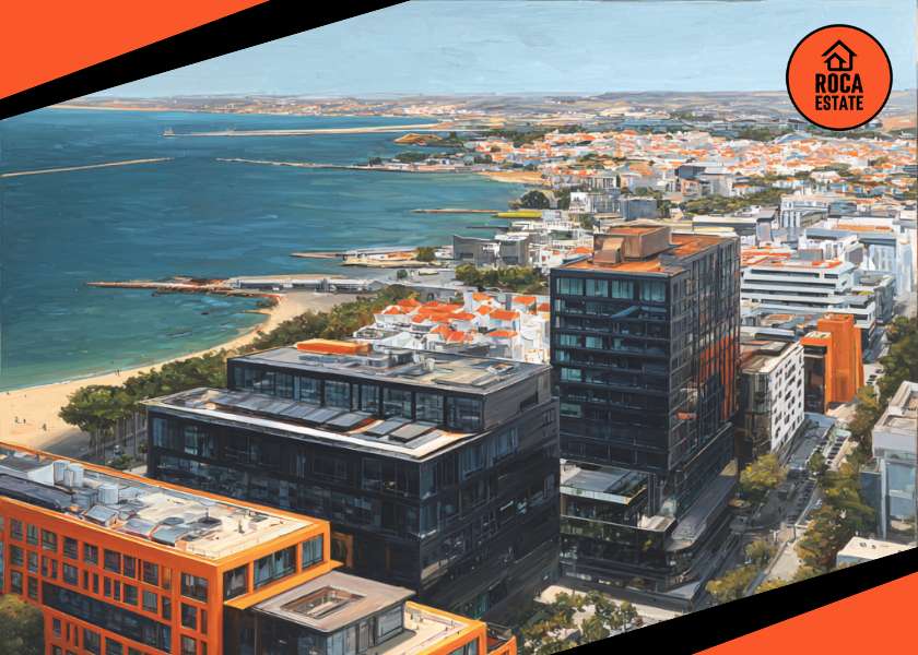 Coastal urban development in Cascais with modern commercial buildings near the shoreline, illustrating market growth and the influence of Portugal mortgage rates on investment opportunities.