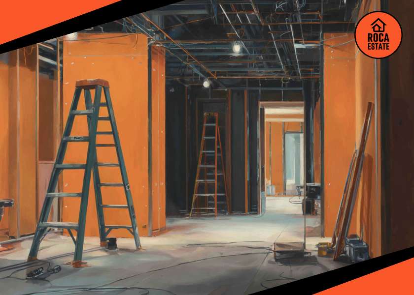 Electricians installing ceiling wiring inside an unfinished commercial space, illustrating Portugal real estate construction cost trends through active interior build-out work.