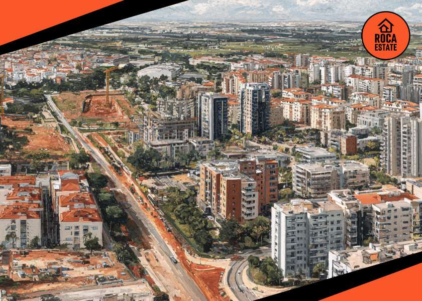Portugal construction market trends shown through an aerial view of a developing urban district with new residential buildings and expanding infrastructure.