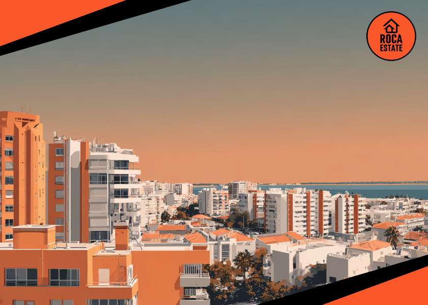 Coastal residential area in the Algarve representing the Portuguese housing market, with low- to mid-rise apartment buildings near the coastline in one of Portugal’s strongest property regions.