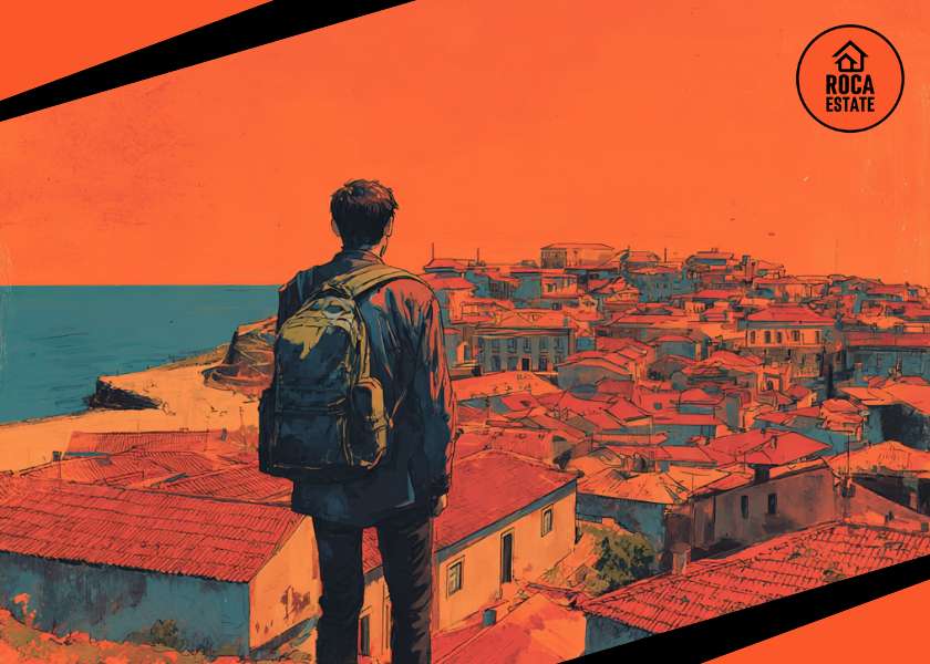 Tourism-driven real estate investment in Portugal reflected by a traveler overlooking a coastal town, illustrating domestic tourism demand and the environments that support income-generating property markets.