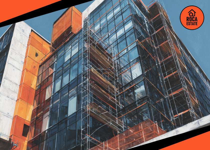 Portugal construction cost trends reflected in a modern building façade nearing completion, with partial scaffolding visible, highlighting ongoing development activity and investment conditions in Portugal.