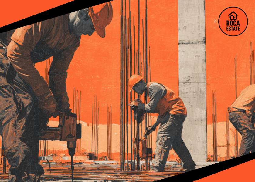 Construction workers reinforcing a concrete slab on a commercial building site, illustrating Portugal construction market trends and active development in the commercial real estate sector.