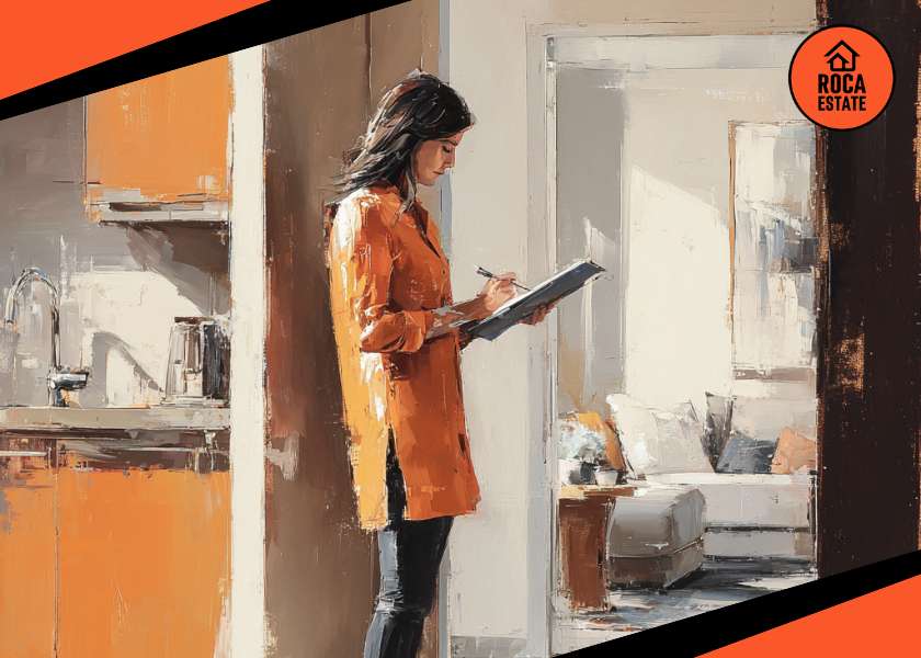 Real estate professional conducting a property appraisal inside a bright modern apartment, reflecting current trends in the Portuguese housing market.