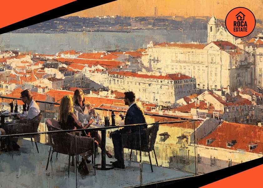 Tourists enjoying sunset drinks on a Lisbon rooftop terrace overlooking the Tagus River, reflecting Tourism-Driven Real Estate Investment in Portugal and the strength of urban hospitality property.
