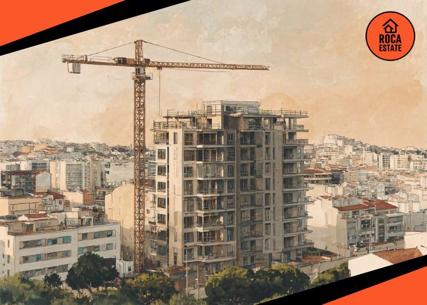 Portugal Construction Cost Trends illustrated by modern residential apartment buildings under construction with cranes and scaffolding in an urban Portuguese development area.