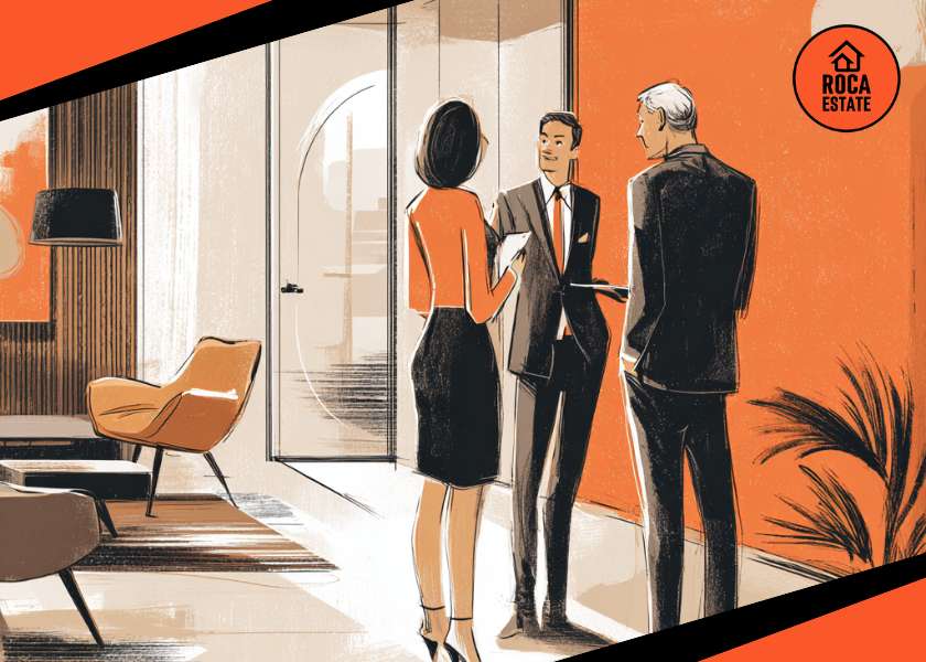 Couple viewing a modern apartment with a real estate agent explaining details, illustrating decision-making in the Portuguese housing market and property investments in Portugal