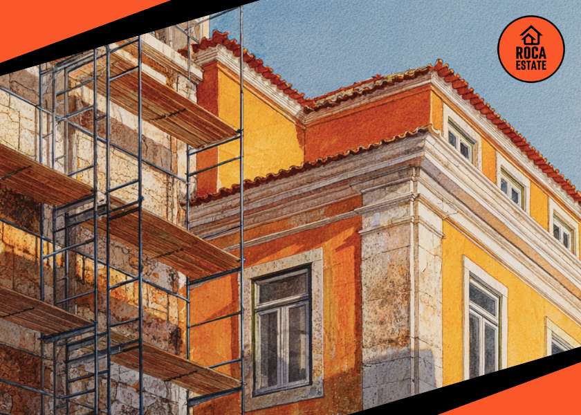 Historic building in Greater Lisbon undergoing restoration, showcasing Portugal construction cost trends by blending original Pombaline tiles with new timber frames, illustrating the evolution of property investments in Portugal.