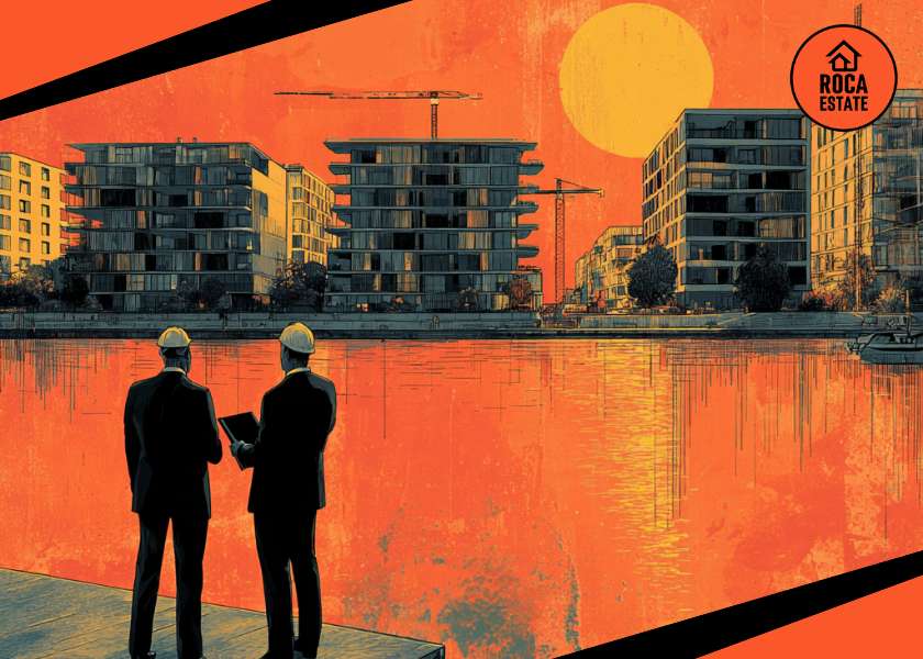 Professional architects reviewing digital blueprints at a waterfront site, reflecting current Portugal construction market trends and strategic real estate investments.