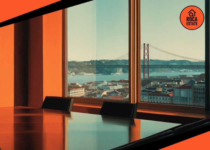Executive suite overlooking the Lisbon skyline and bridge, symbolizing the Portuguese housing market.
