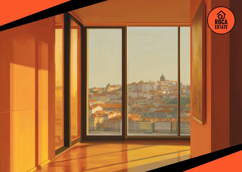 Minimalist luxury apartment interior with views of Portugal, highlighting value in the Portuguese housing market.