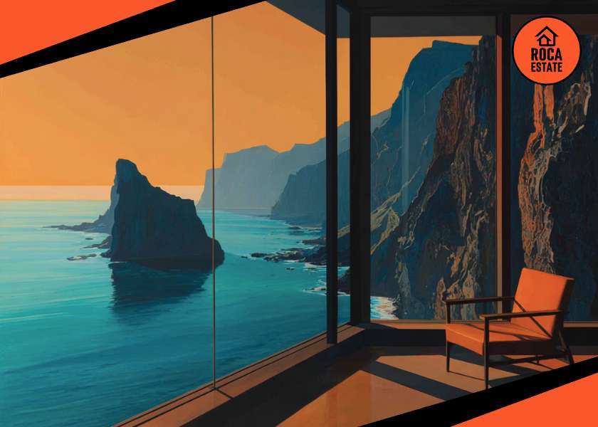 Interior of a luxury vacation rental in Madeira featuring floor-to-ceiling windows overlooking the Atlantic for tourism-driven real estate investment in Portugal.