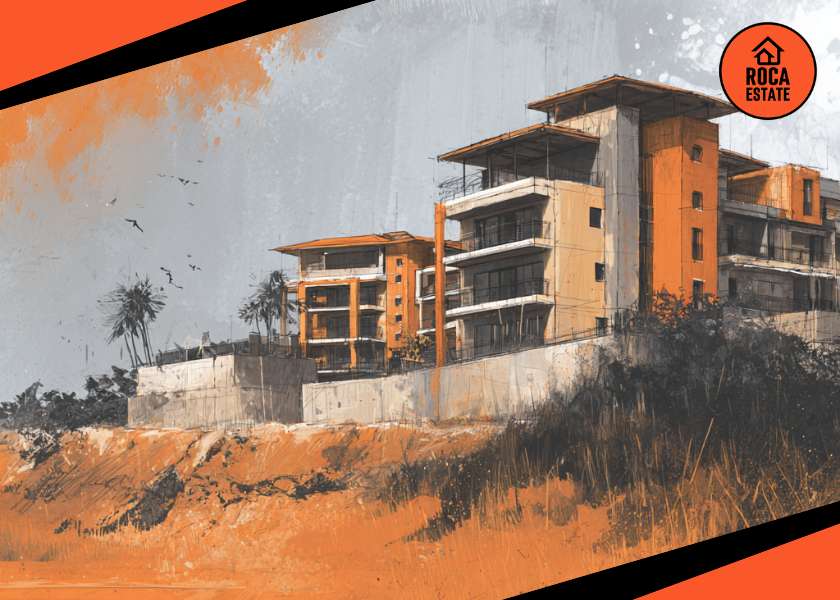 A modern residential building under construction illustrates Portugal Construction Cost Trends, featuring orange architectural accents and concrete structures against a textured grey sky.